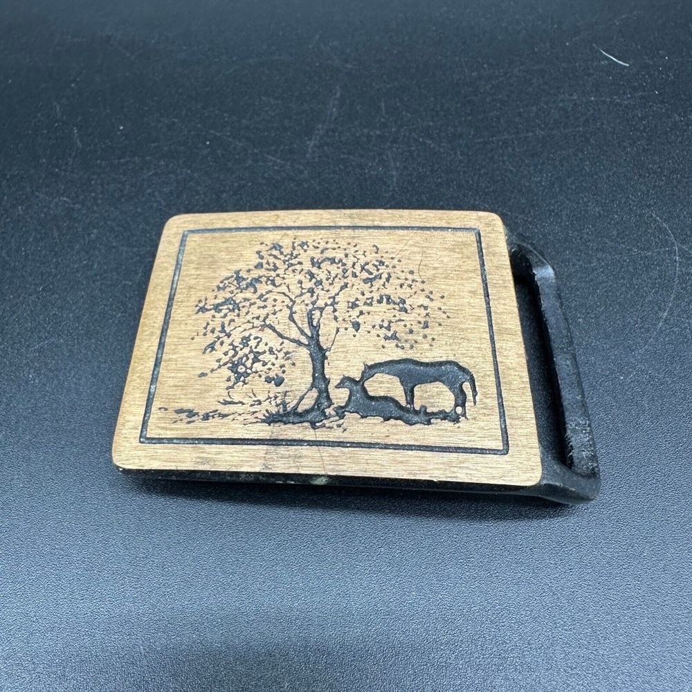 Vintage Teck-Ether‎ Guild Brass Belt Buckle Two Horses Resting Tree Scene Cowboy